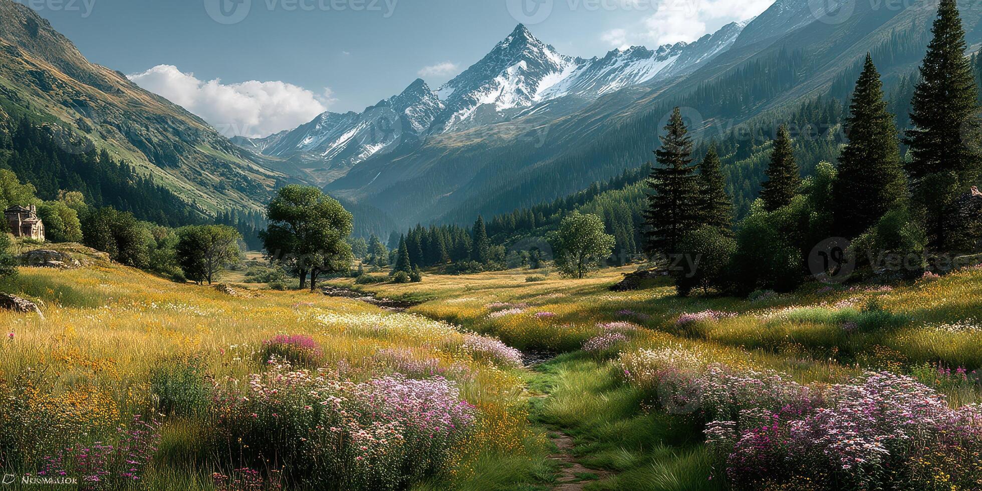 Breathtaking mountain landscape with colorful wildflowers in a tranquil valley during daylight photo