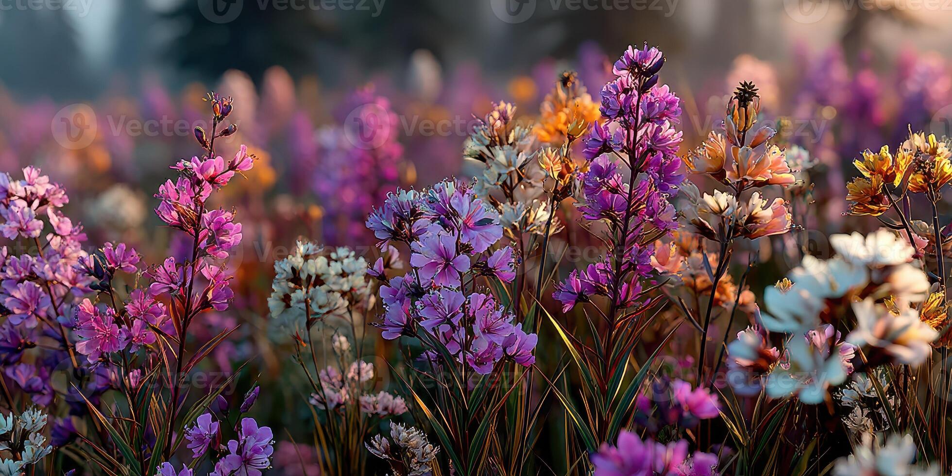 Colorful wildflowers bloom in abundance during the golden hour in a serene meadow photo