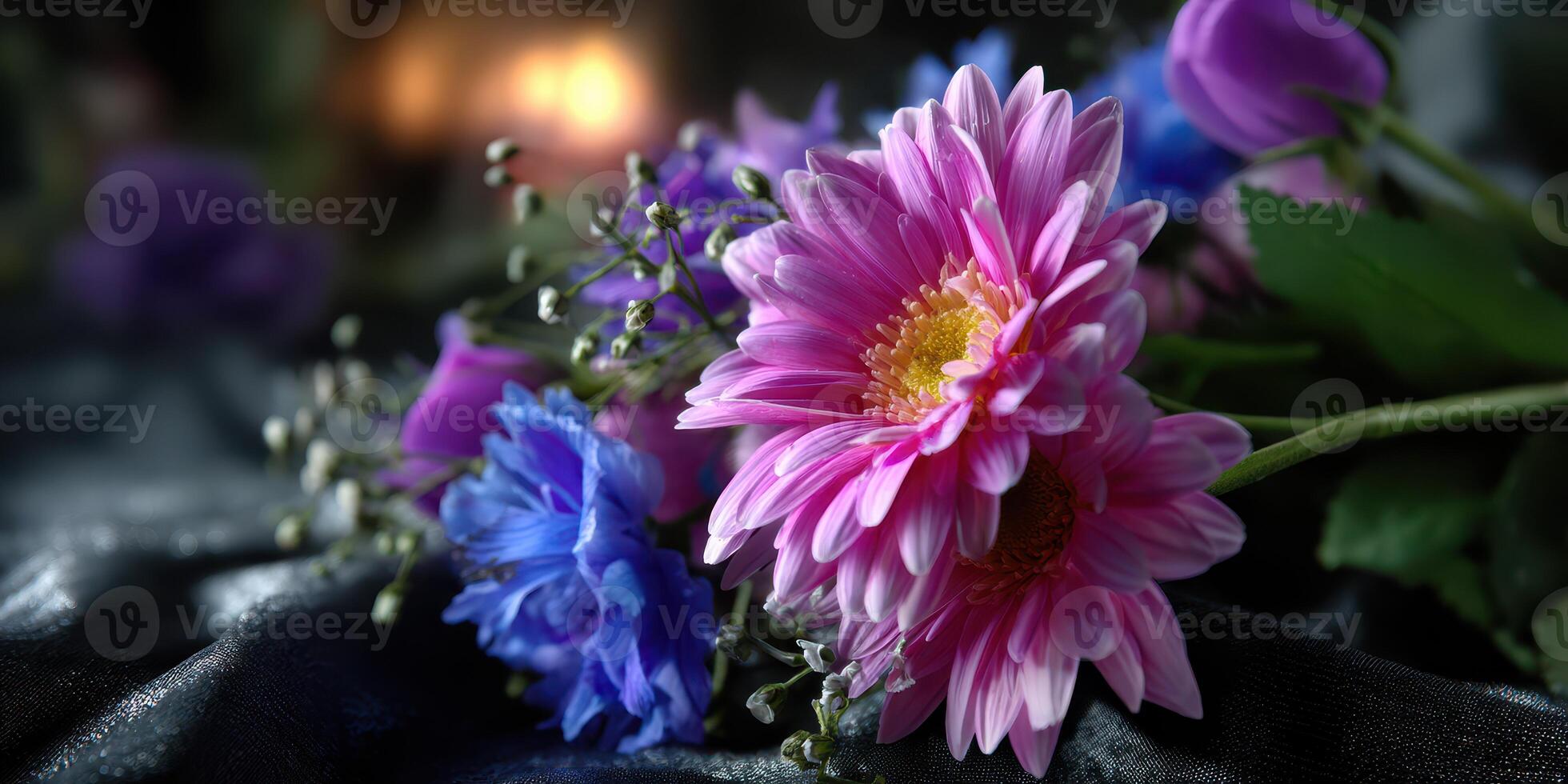 Colorful bouquet of flowers arranged on a dark surface with soft lighting in the background during a tranquil evening photo