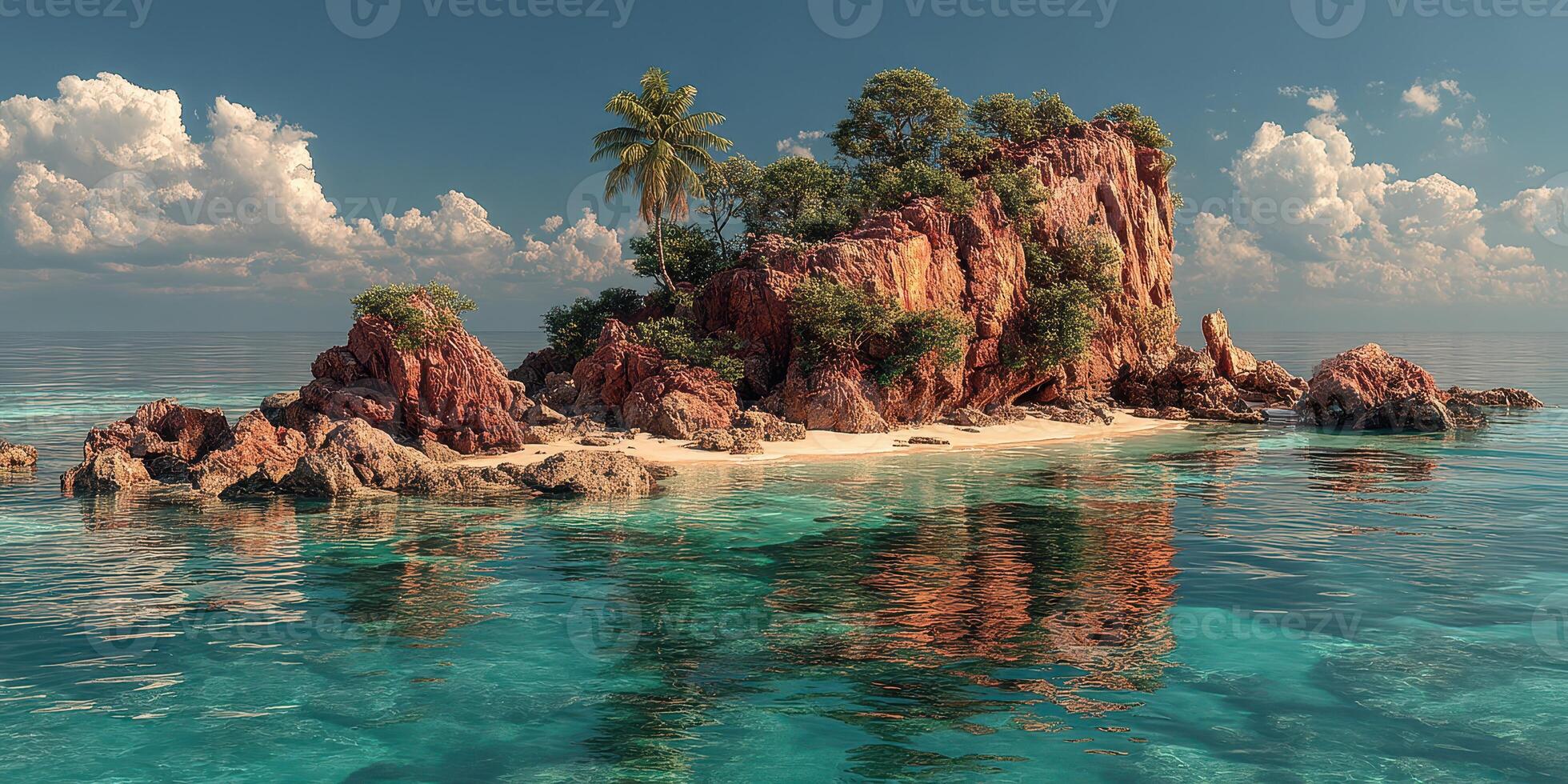 Tropical island landscape with lush greenery and clear turquoise waters under a bright sky photo