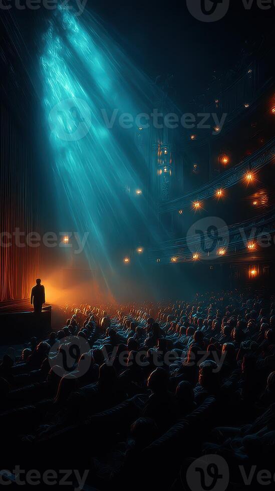 Audience captivated by a performer on stage in a grand theater with dramatic lighting photo