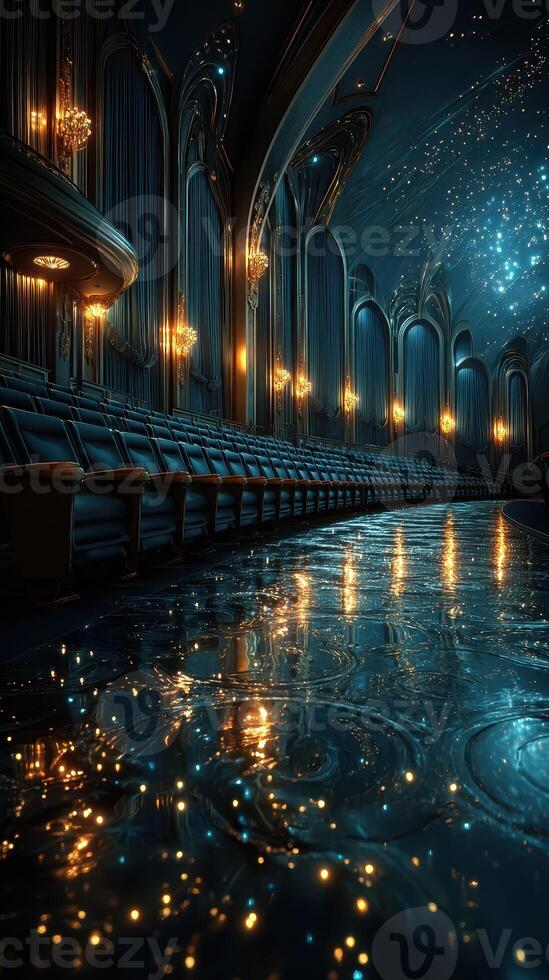 Elegant theater interior with ornate lighting and reflective surfaces creating a magical atmosphere during an evening performance photo