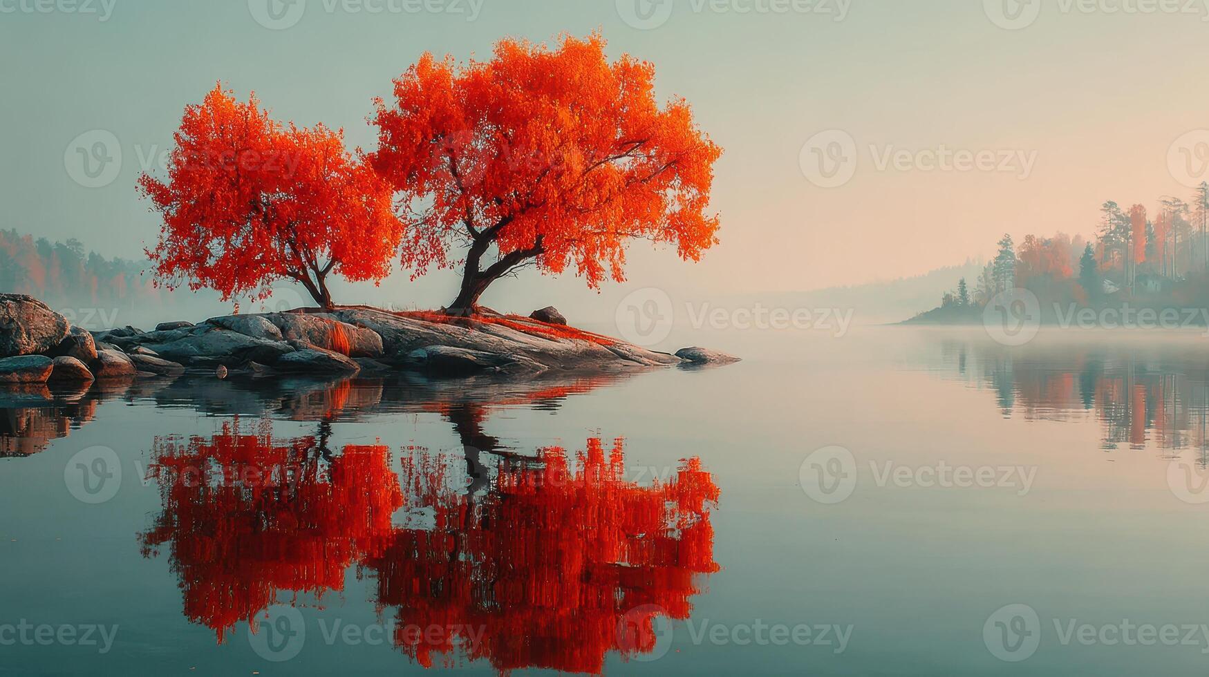 Vibrant red trees reflect in calm water at sunrise in tranquil nature landscape photo