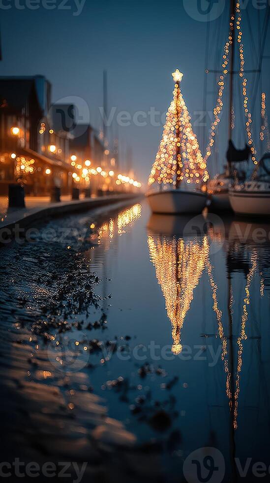 Holiday lights illuminate waterfront with festive decorations in winter evening photo