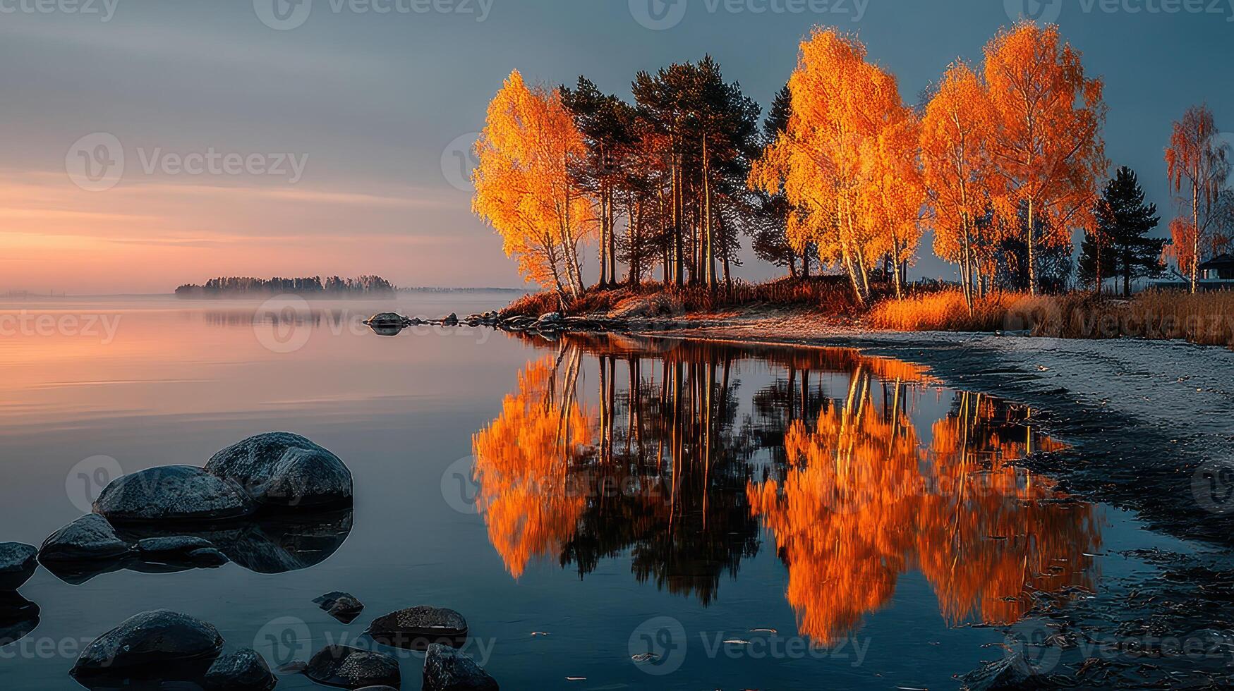 Stunning autumn reflection over calm lake at sunrise with golden trees and tranquil shoreline photo