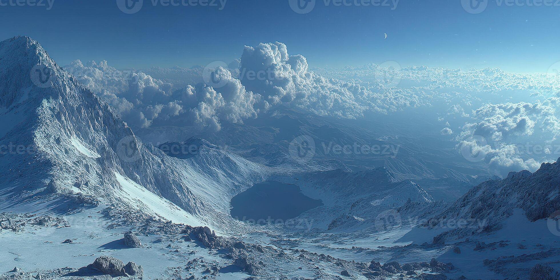 Stunning view of snow-capped mountains and clouds over a tranquil lake during twilight hours photo