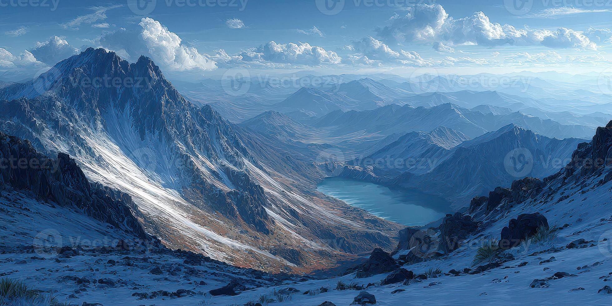 Majestic mountain valley surrounded by snow-capped peaks and a serene lake in the distance at twilight photo