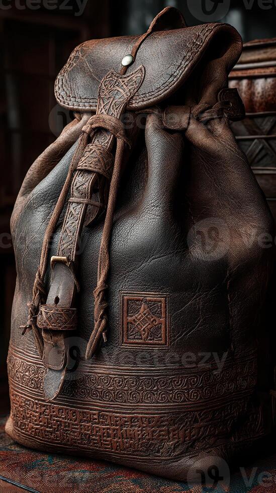 Handcrafted brown leather backpack with intricate designs on display in a cozy workshop setting photo