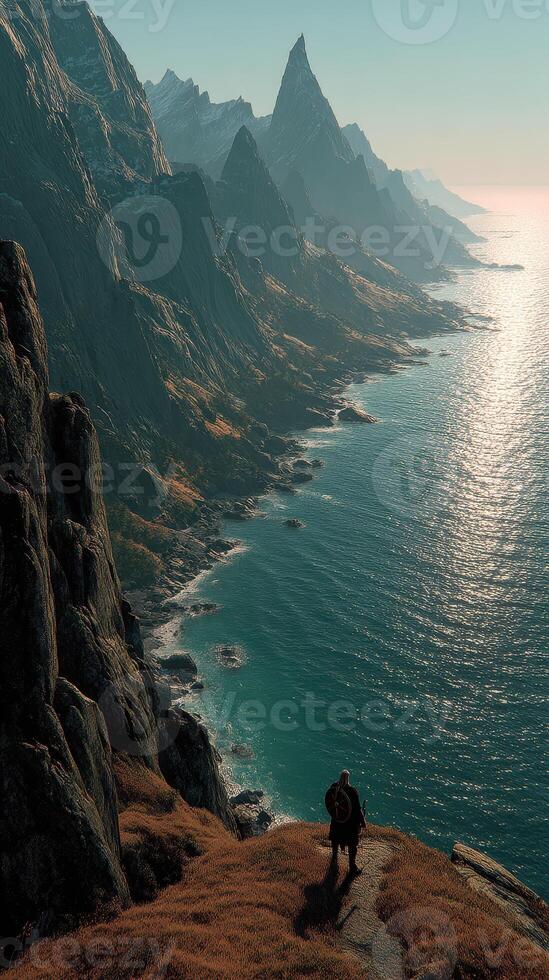 Hiker exploring rugged coastal cliffs at sunrise in a serene mountain landscape photo