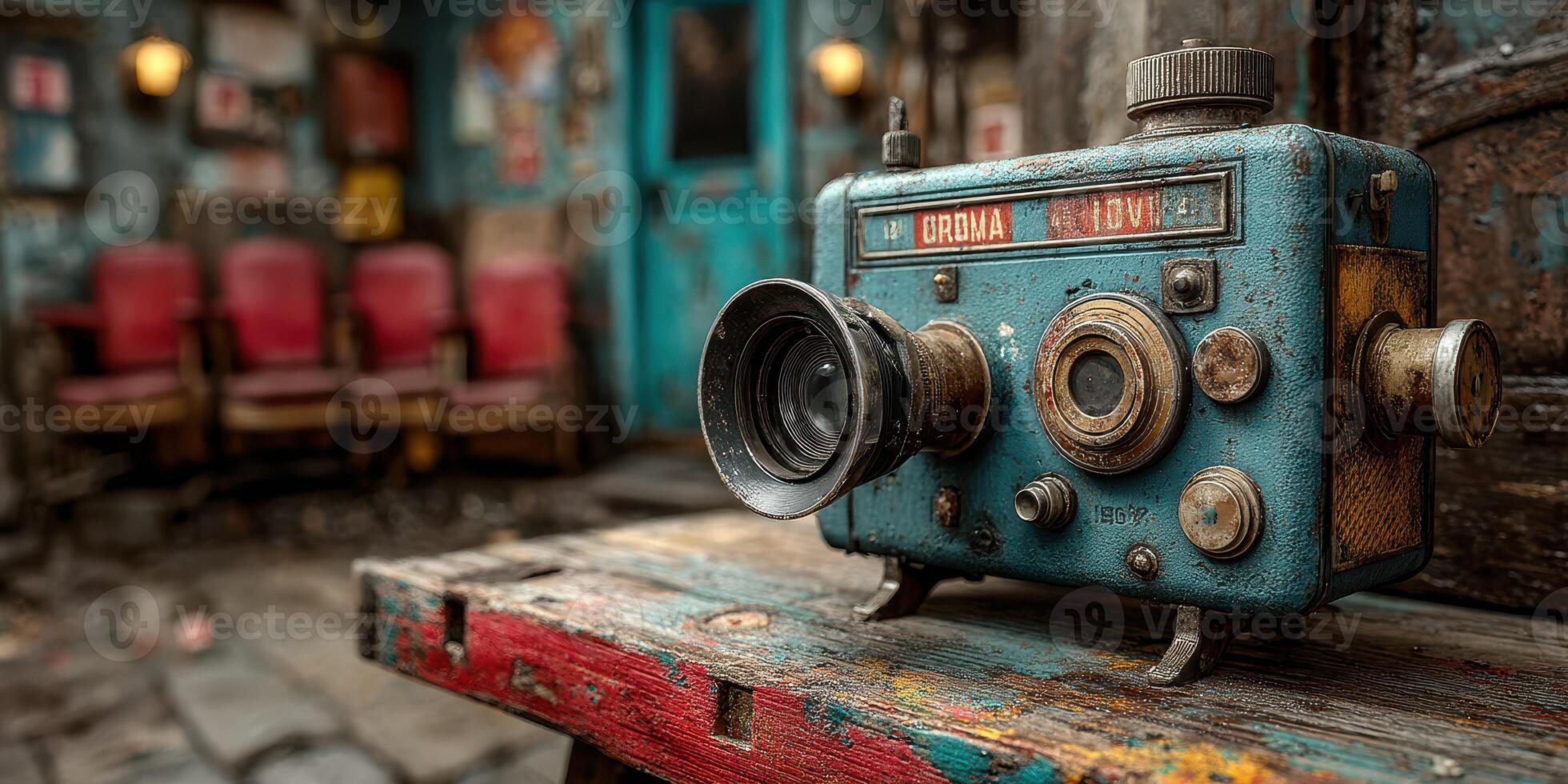 Vintage camera on a rustic table in a cozy interior with red chairs during late afternoon sunlight photo