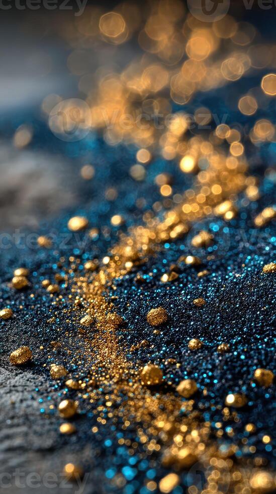 Shimmering blue and gold glitter scattered across a textured surface in artistic arrangement photo