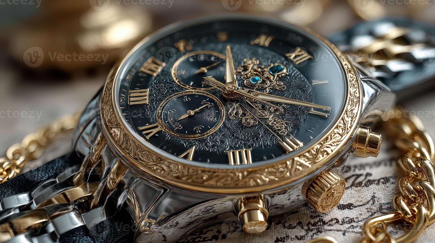 Luxury timepiece displayed on textured background with intricate design details and elegant craftsmanship photo