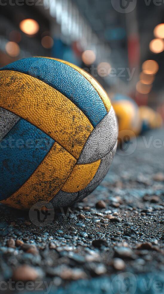 Volleyball rests on a court floor with blurred balls in the background during a sports event photo