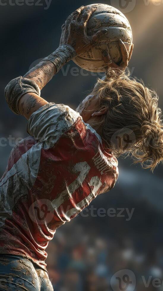 Player prepares for a throw-in during muddy match in an outdoor stadium at dusk photo