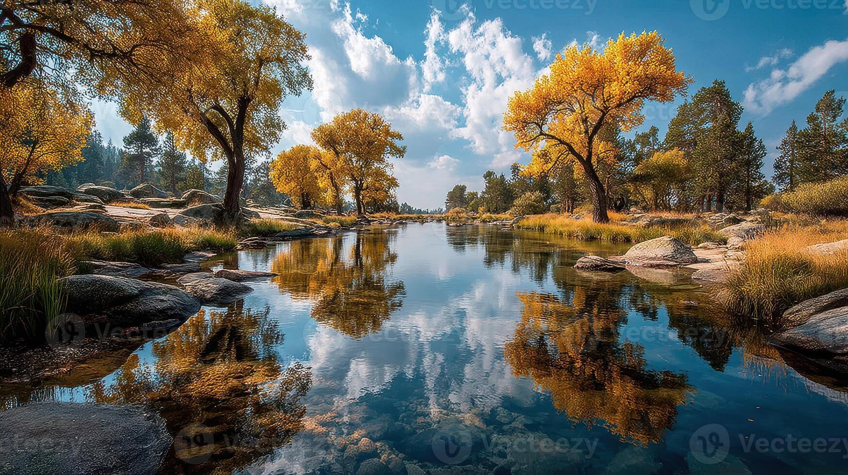 Picturesque autumn landscape with vibrant trees reflecting in a serene river under a clear blue sky photo