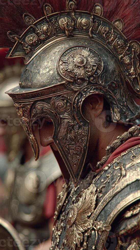 Detailed close-up of a Roman soldier in ornate armor during a historical reenactment event in a city square at midday photo