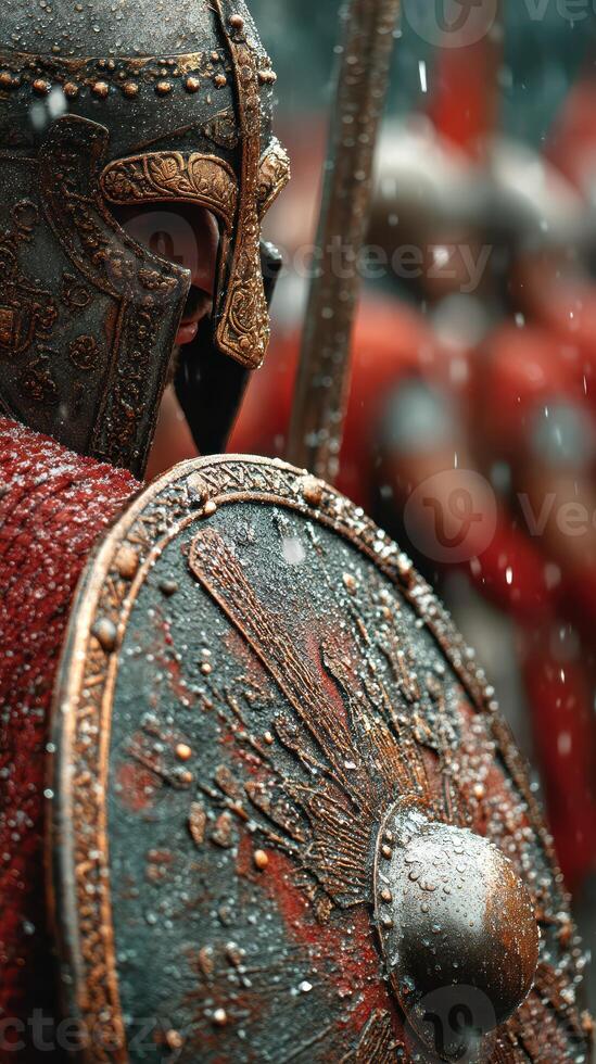 Ancient warriors prepare for battle in the rain with detailed armor and shields photo