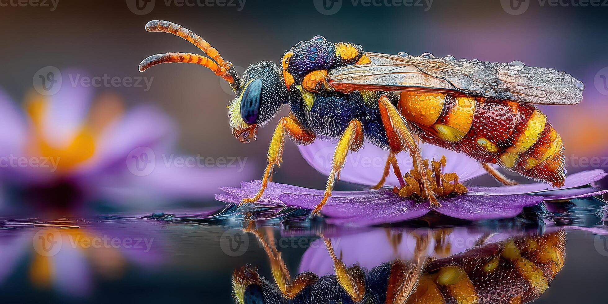 Vibrant insect rests on flower reflecting morning dew in a serene garden setting photo