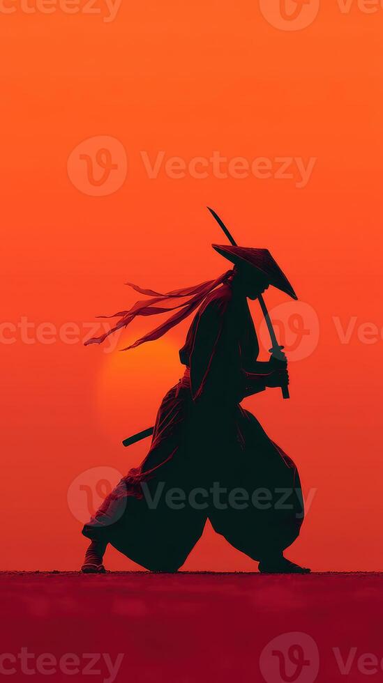 Warrior in silhouette walks with sword against vibrant sunset backdrop in a serene landscape photo