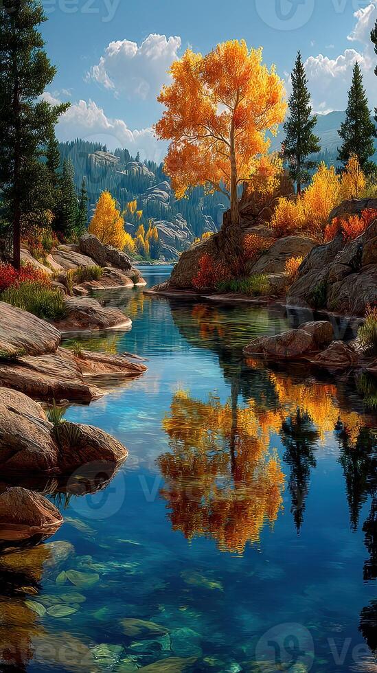 Autumn reflections in a tranquil river surrounded by vibrant trees and clear skies in a serene natural landscape photo