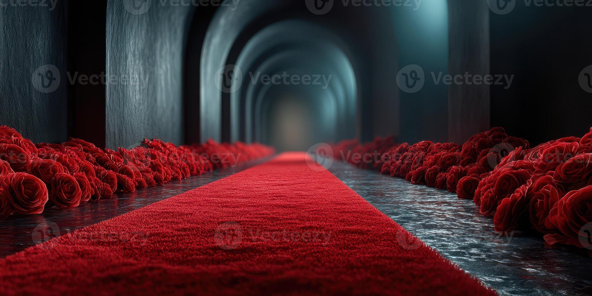 Red carpet path adorned with roses creates a dramatic entrance in a dimly lit corridor for a special event photo