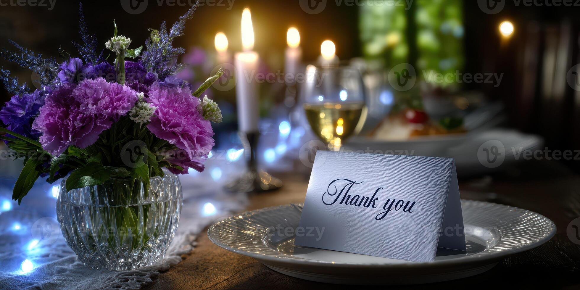 Elegant dinner table setting with thank you card and floral arrangement in a warm, ambient atmosphere photo