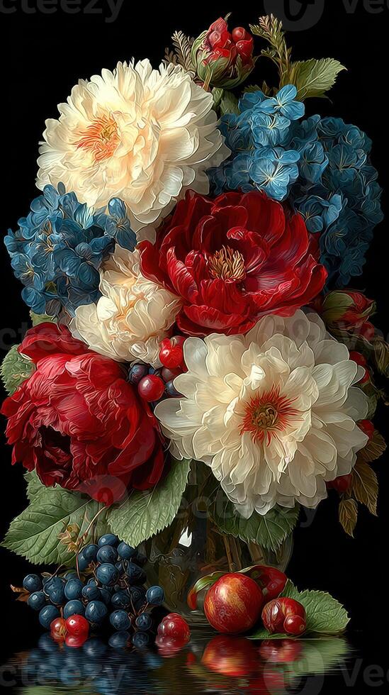 Vibrant bouquet of peonies and hydrangeas arranged elegantly in a glass vase with fruits on a dark background photo
