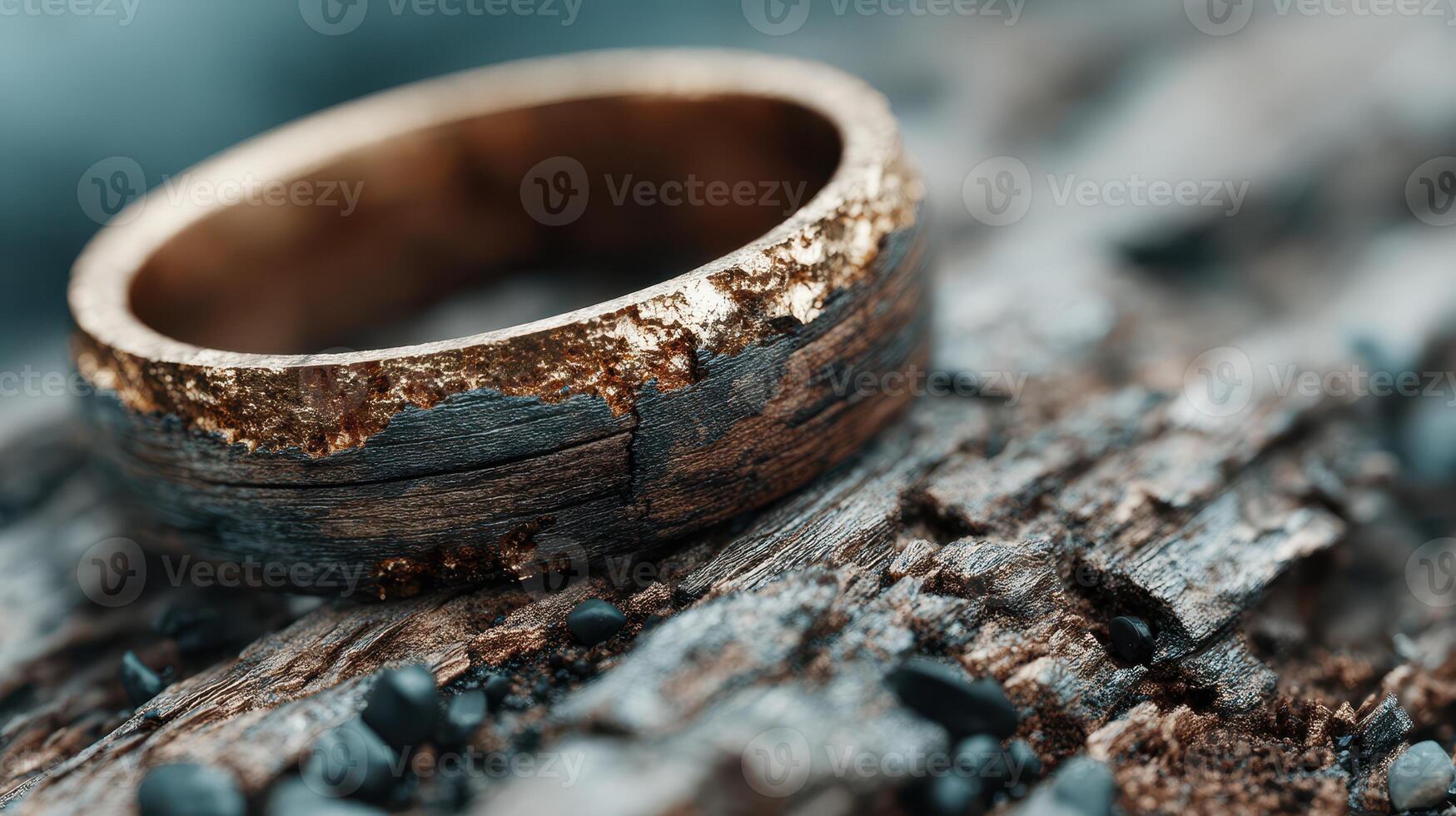 Close-up view of a worn ring on weathered wood surface highlighting intricate textures and colors during soft daylight photo