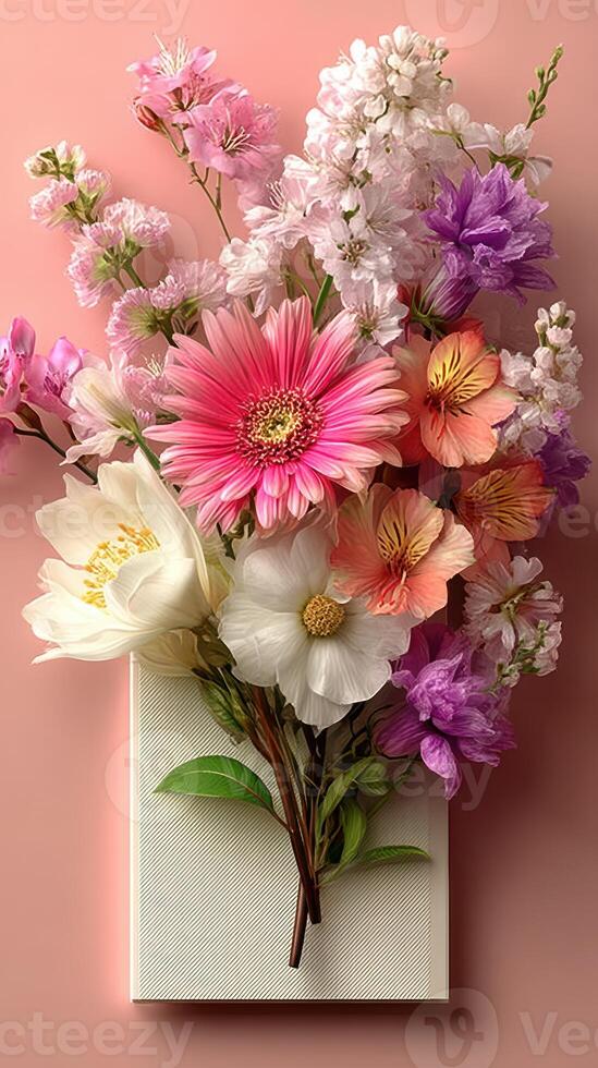 Colorful floral bouquet arranged on textured surface in soft light during daylight hours photo