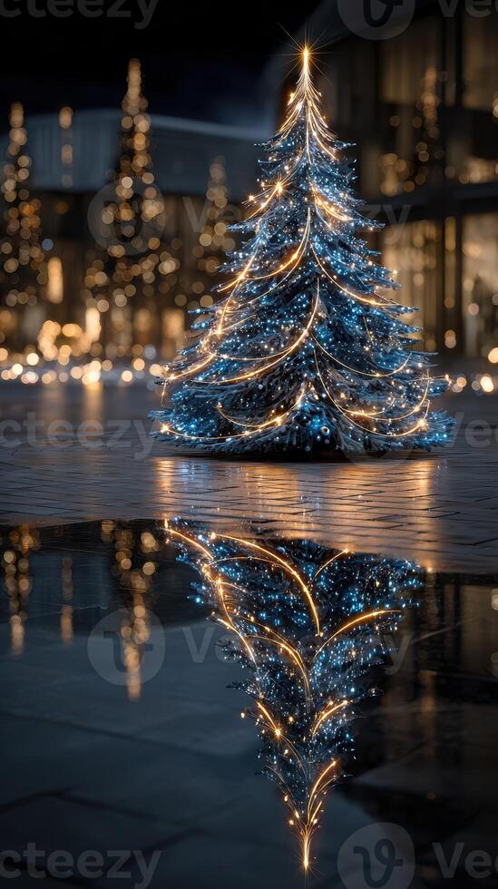 Beautifully illuminated Christmas tree reflecting in puddle at a festive outdoor location in evening twilight photo