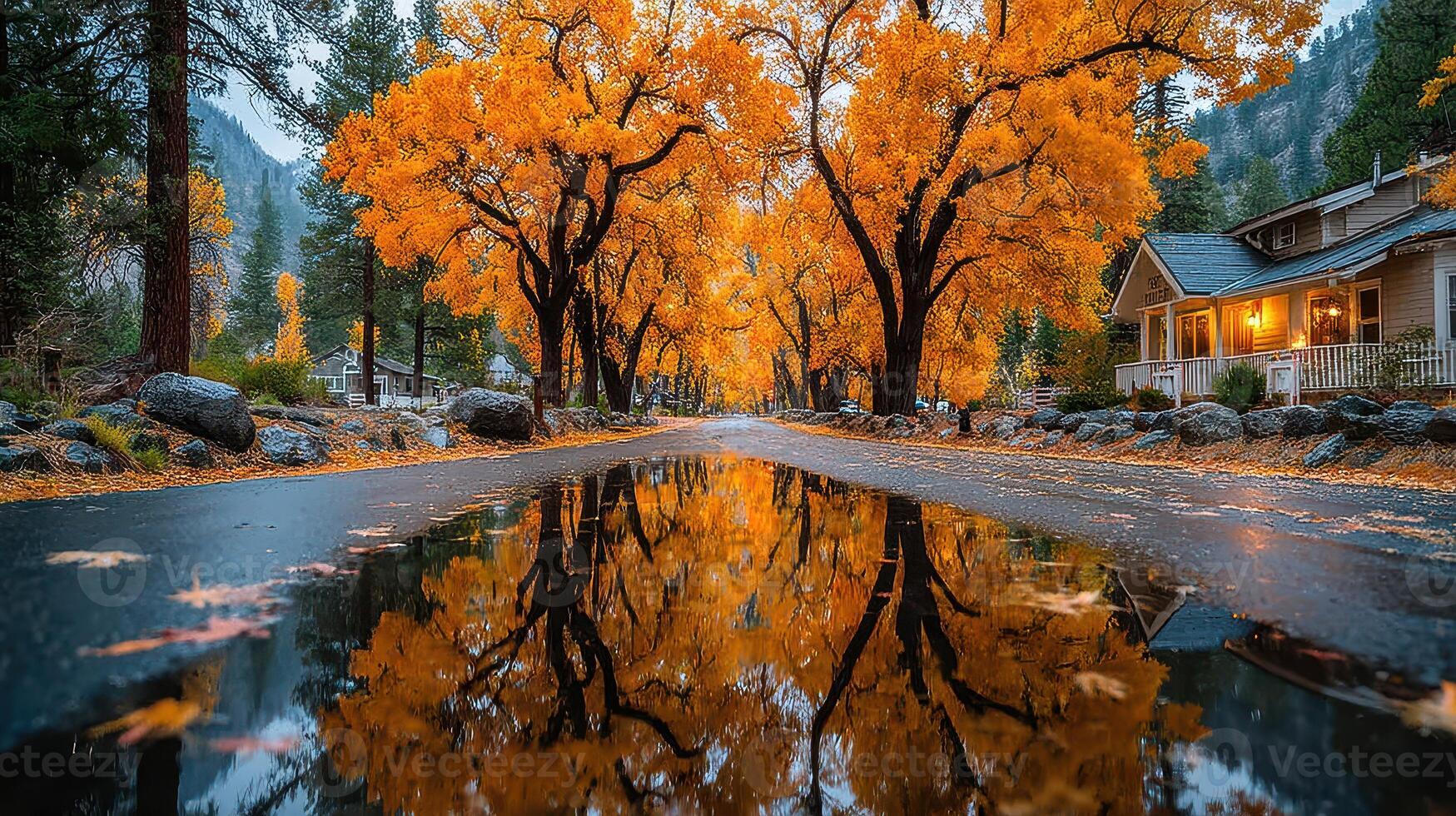 Fall foliage reflects on a wet road lined with orange trees in a serene mountain town photo