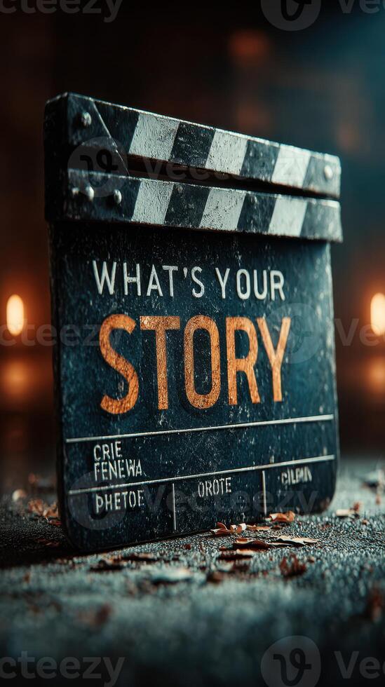 Creative film clapperboard with motivational quote in dimly lit setting for story-telling inspiration photo