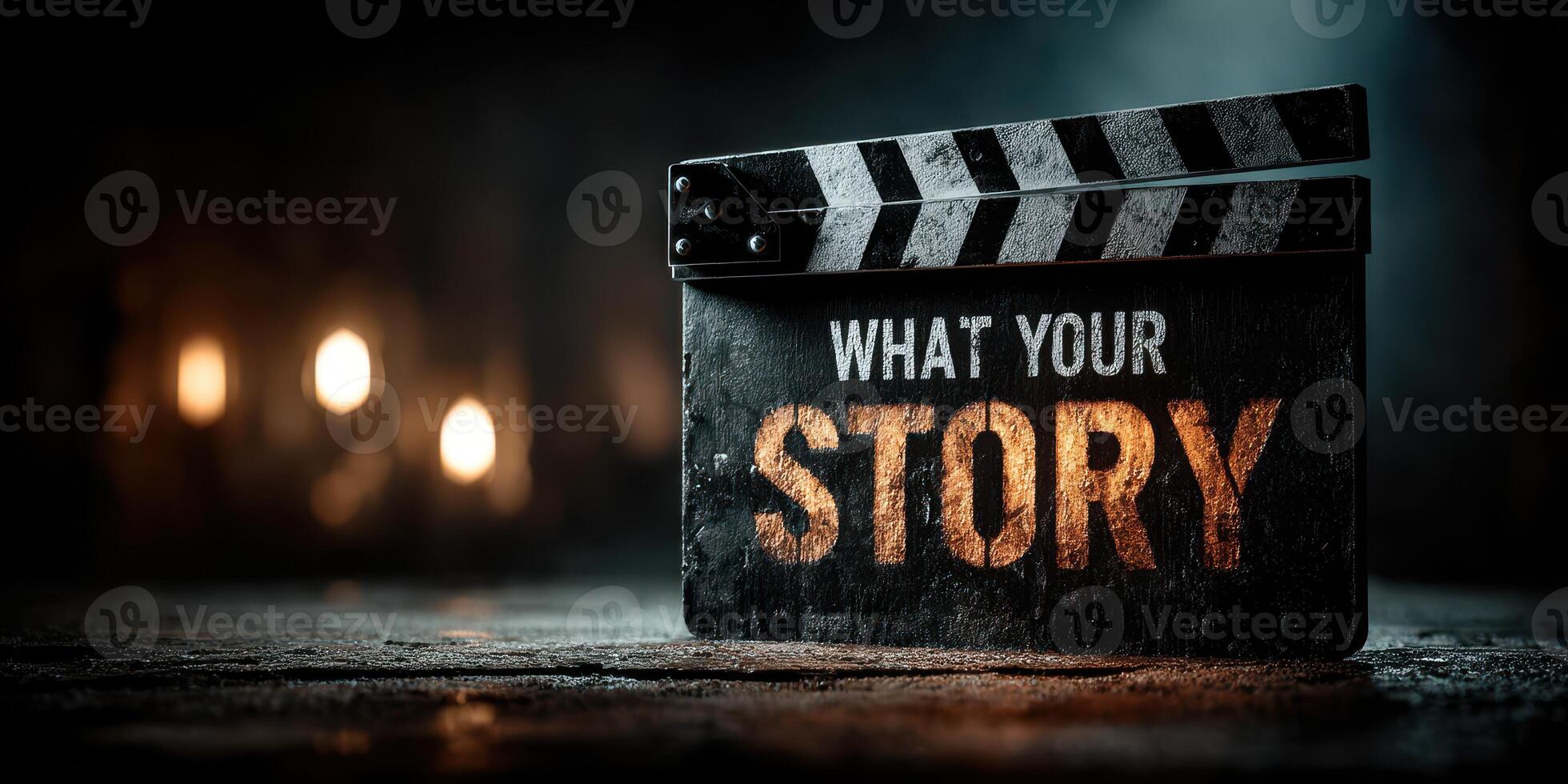 Clapperboard with the phrase What Is Your Story illuminated in a dimly lit environment photo