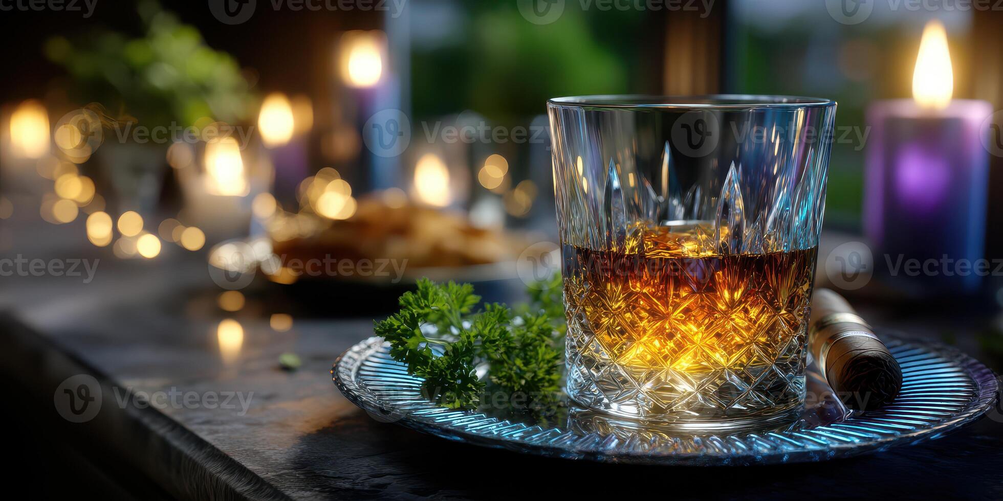 Glass of whiskey on a silver tray surrounded by soft candlelight in an elegant setting at night photo