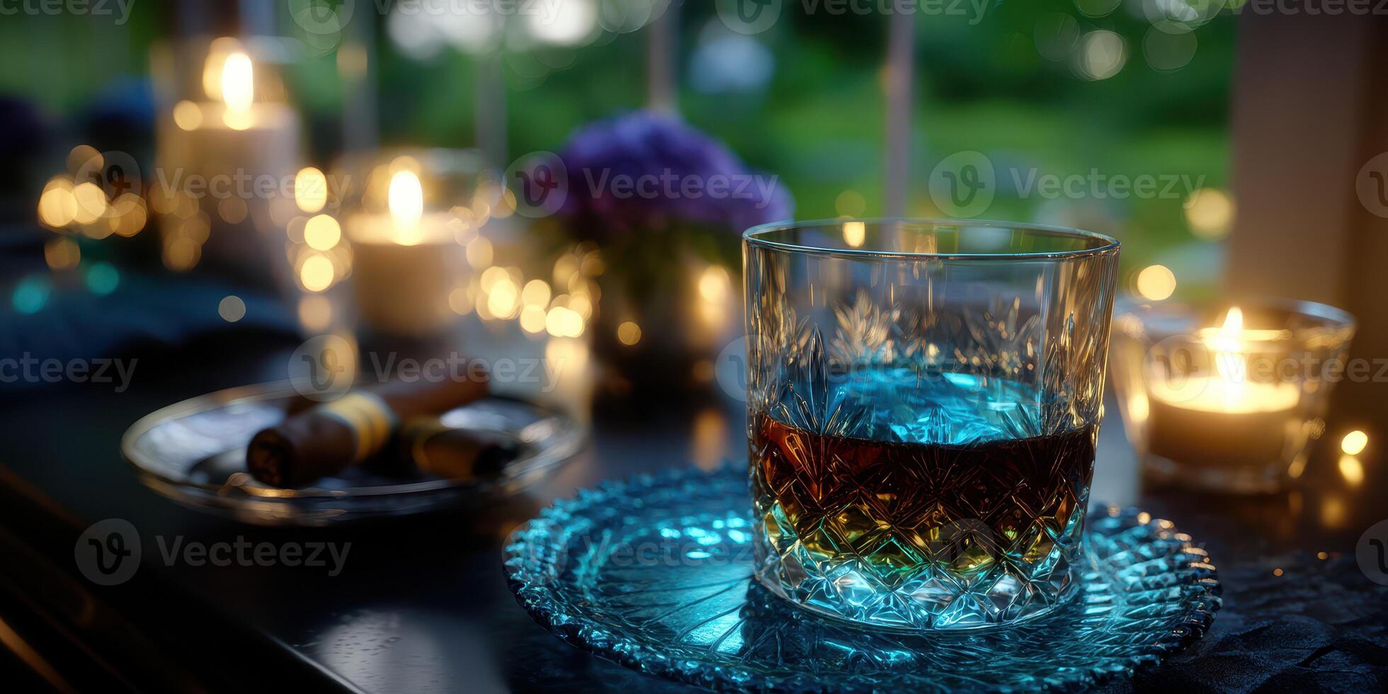 Elegant whiskey glass on a table decorated with candles and flowers during an intimate evening gathering photo