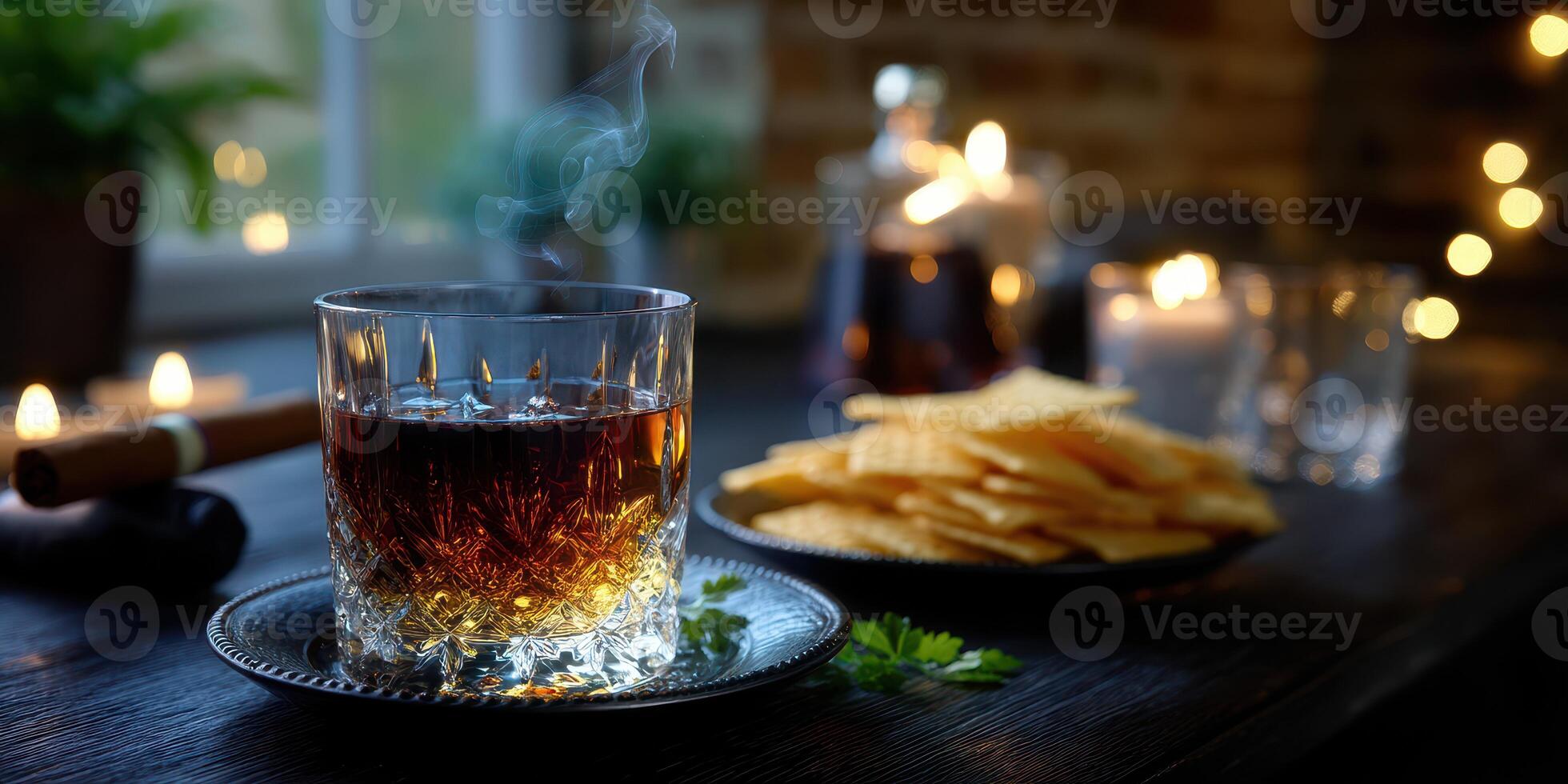 Cozy evening with whiskey and snacks on a rustic table by warm candlelight photo