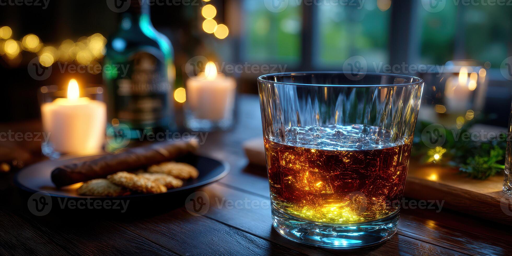 Warm evening gathering with whiskey, cookies, and candles illuminating the cozy surroundings photo