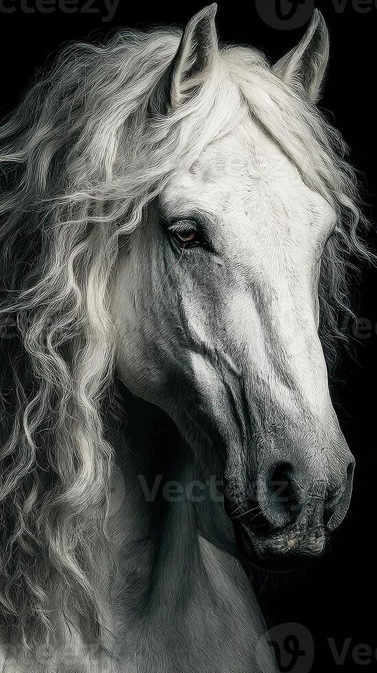 Majestic white horse with flowing mane gazes calmly in a dark setting during the afternoon photo