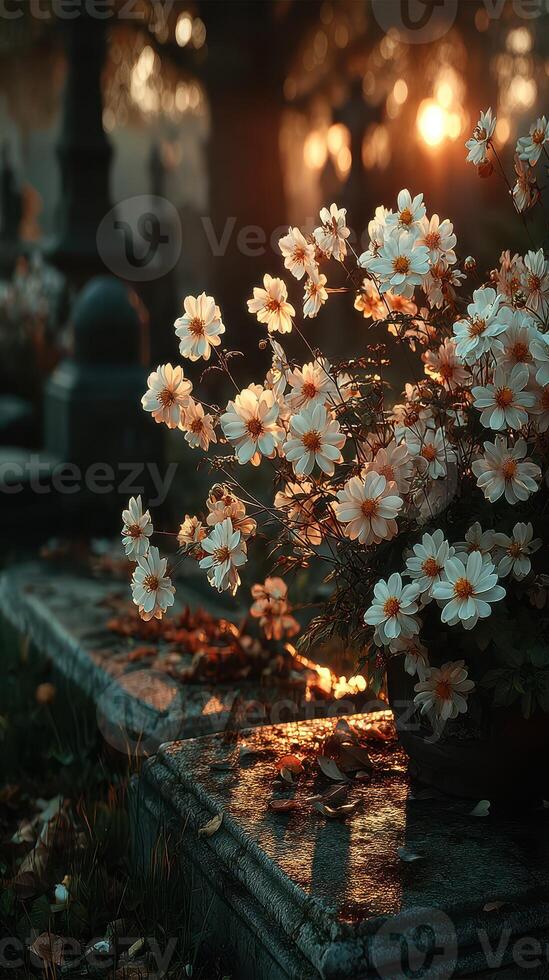 Flowers bloom on a gravestone during sunset in a tranquil cemetery setting photo