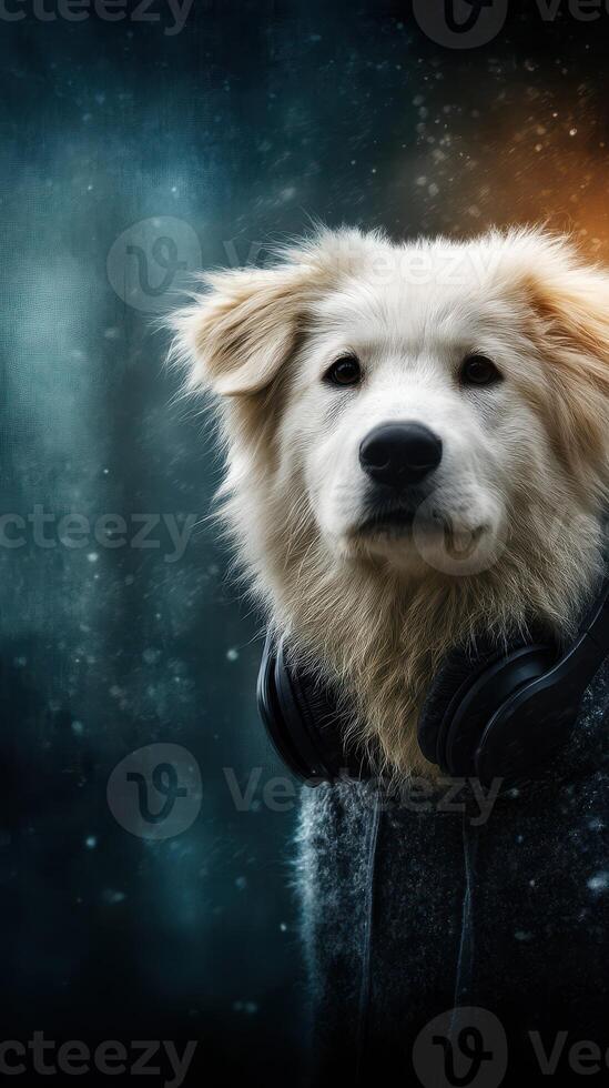 Golden retriever wearing headphones in an artistic winter-themed background with mist and glowing light photo