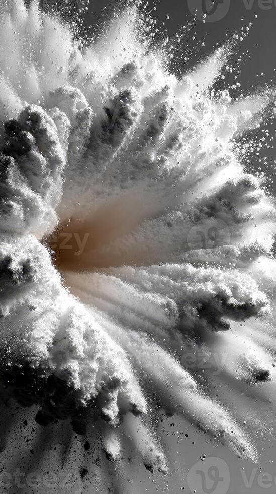 Explosion of fine particles creating a dramatic visual effect in black and white photo