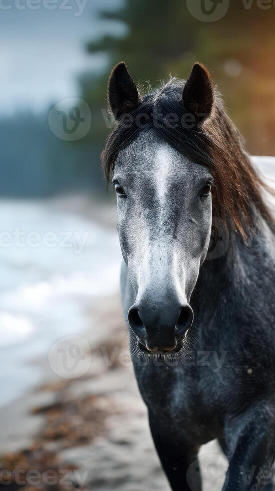 Majestic grey horse walking along the tranquil lakeshore during a cloudy day in early autumn photo