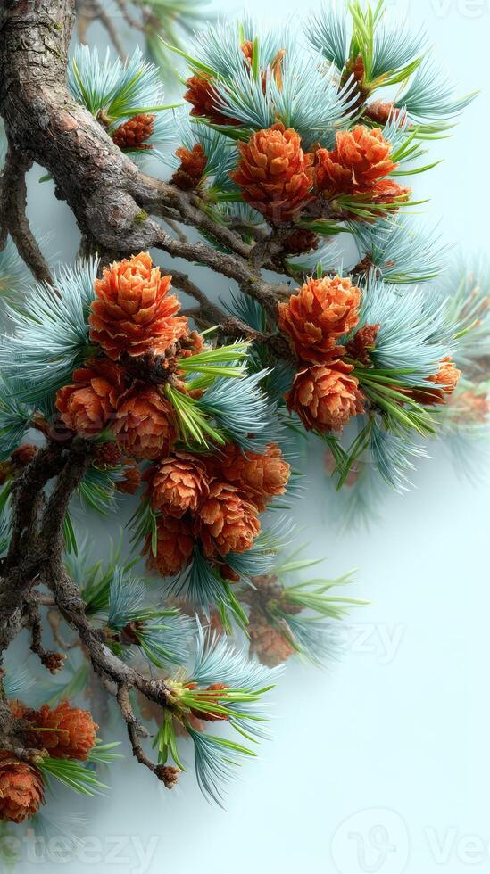Vibrant pine branches adorned with bright orange cones and soft blue needles create a stunning botanical display in springtime photo