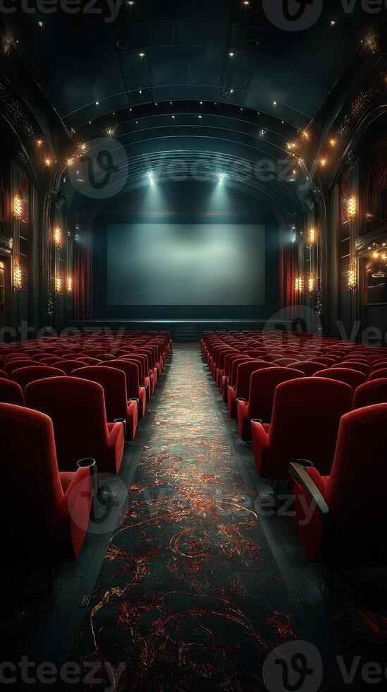Classic theater interior showcases empty red seats and a large screen with atmospheric lighting before a film screening photo