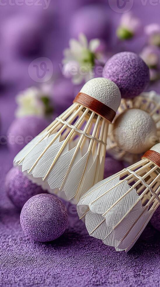 Shuttlecocks arranged with decorative purple balls create an artistic display in a vibrant setting photo