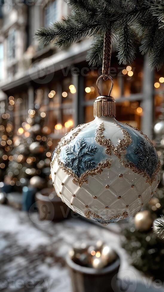 Hanging ornament glistens in winter light at a festive outdoor market during the holiday season photo