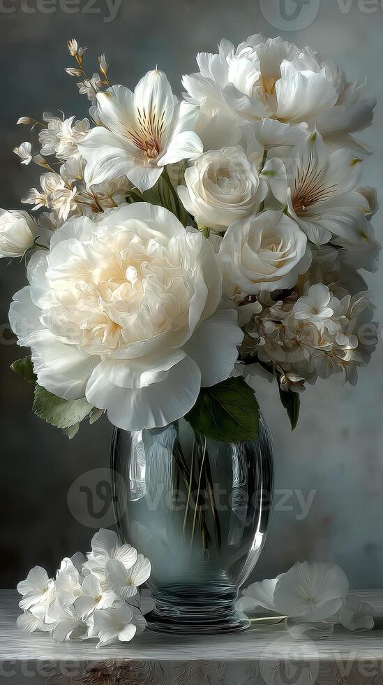 Elegant bouquet of white flowers in a glass vase showcasing peonies, roses, and delicate blossoms on a soft background photo