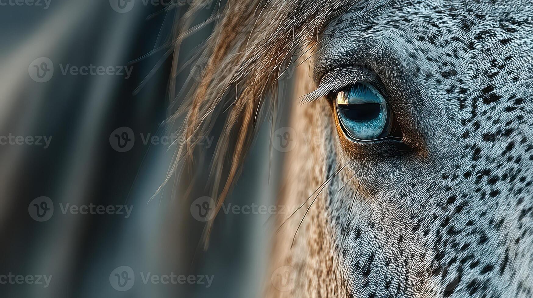 Close-up view of a horse's striking blue eye showcasing unique patterns and textures during a tranquil moment in nature photo