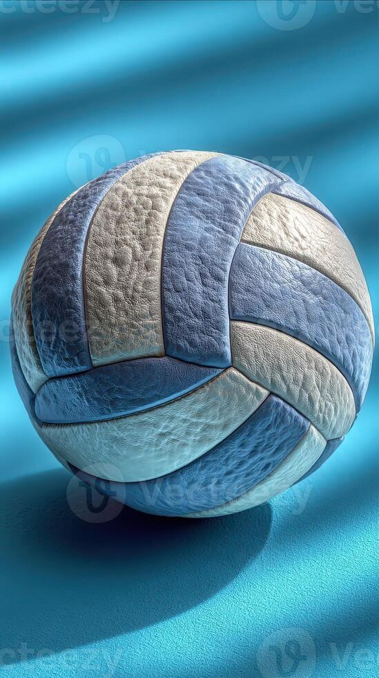 Colorful volleyball resting on a vibrant background with soft shadows in a bright indoor setting during afternoon light photo