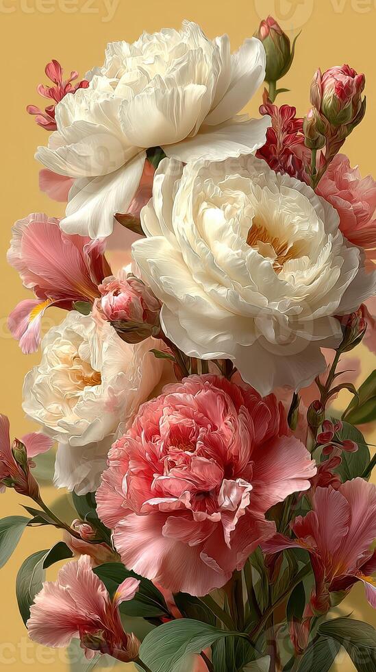 Colorful bouquet of peonies and alstroemerias arranged against a bright yellow backdrop in a serene indoor setting photo